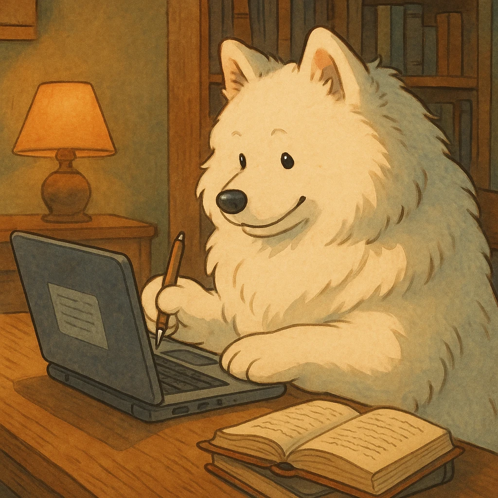 Samoyed writing a novel using a laptop emoji