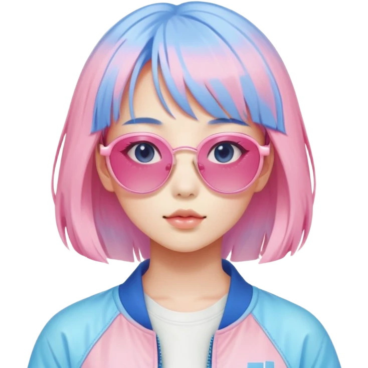 Vaporwave aesthetic Japanese girl with pastel pink hair, retro 80s sunglasses, nostalgic color palette of pink and blue, Japanese kanji characters floating, gradient background emoji