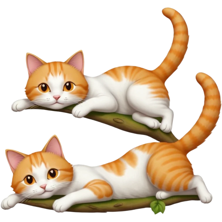 ginger and white cat with orange eyes doing a big extremely long stretch reaching up into the air with arms and legs side by side together straight and overextended whilst lying on its side emoji