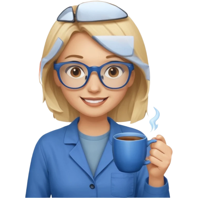 Blonde haired women with blue glasses, brown eyes and wearing brown worksuit, holding a blue mug of tea and smiling. emoji