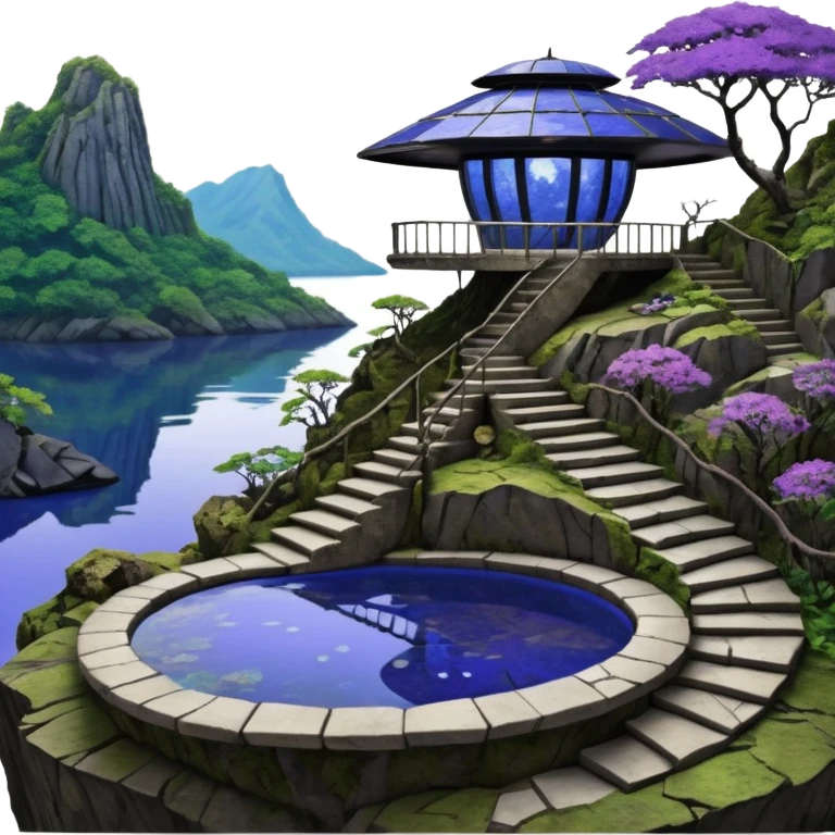 Crashed Alien saucer pool-house jungle winding staircase lakeside mountainside-island getaway haunted nighttime landscape antique mudman very old broken cracked intricate Stone Age lapis-crusted irregular dodecagon-shaped shallow dark moss rough bark violet flowered maple tree bonsai emoji