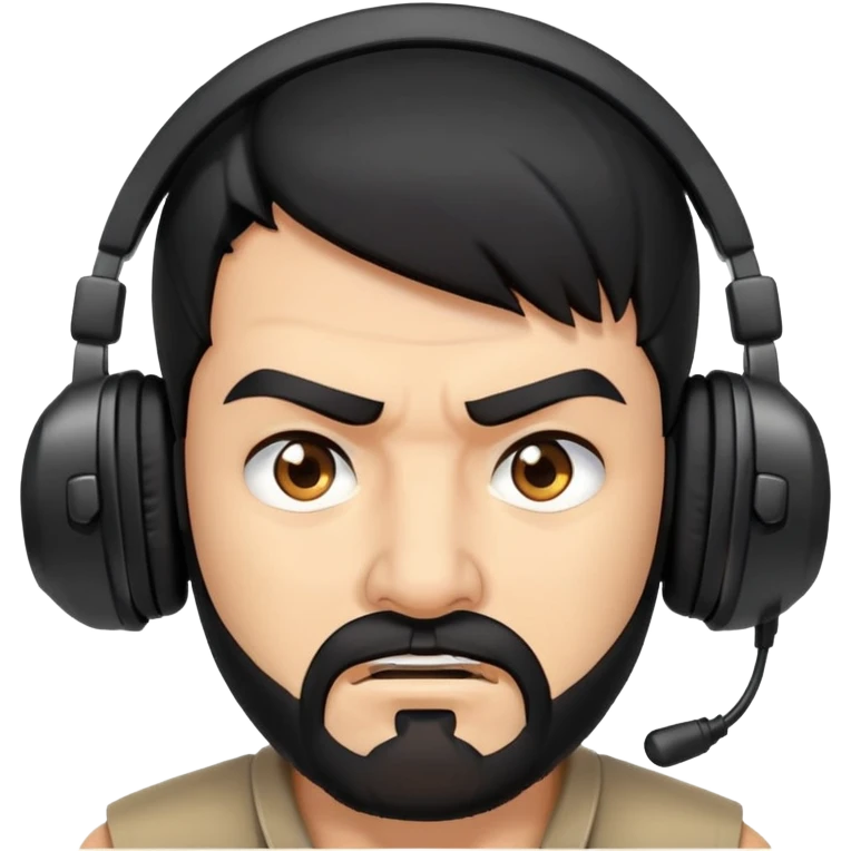 Angry man with black hair, brown eyes, black beard wearing a gaming headset emoji