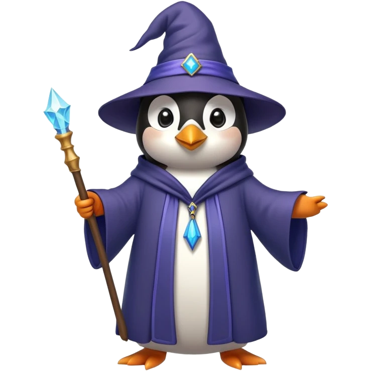 penguin wearing wizard hat and robe holding a magic wand emoji