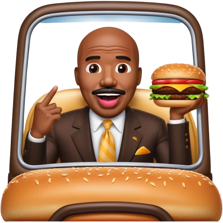 Steve Harvey with his tounge out driving a hamburger car emoji