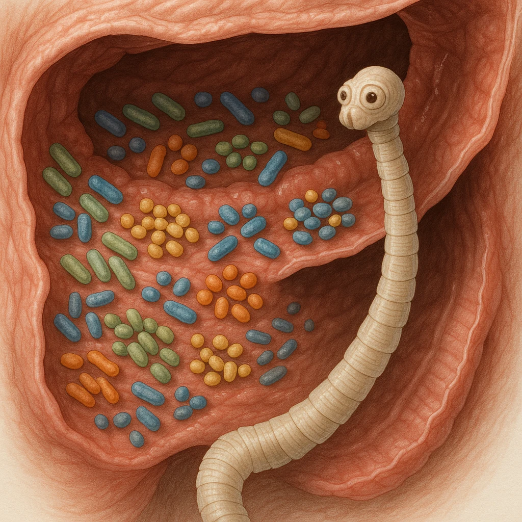 a medical illustration of a human realistic gut with bacteria and parasyte (tenia) realistic  emoji