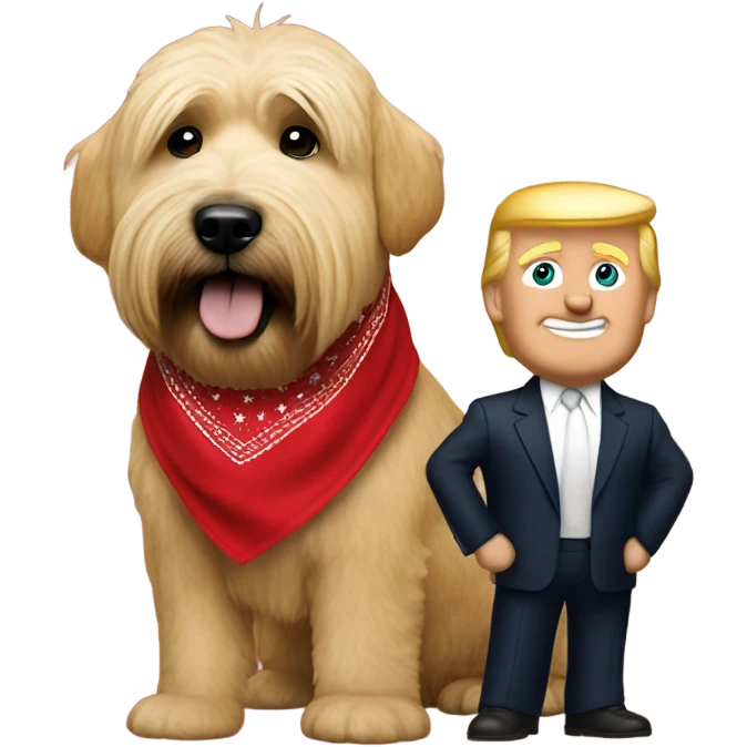 President Donald trump with a wheaten terrier wearing a red bandana emoji