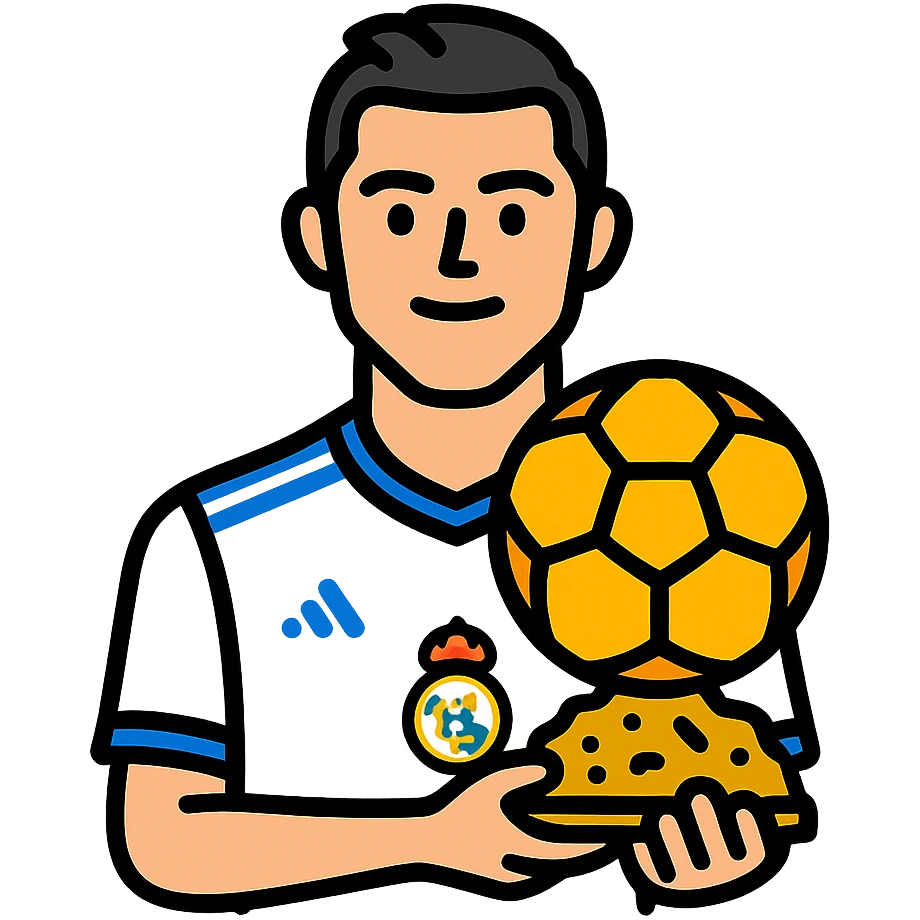 Cristiano Ronaldo in Real Madrid soccer uniform holding the Golden Ball trophy emoji