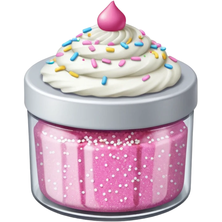 silver glitter in a small clear circular container with white lid, can of sprinkles, and pink cupcakes  emoji