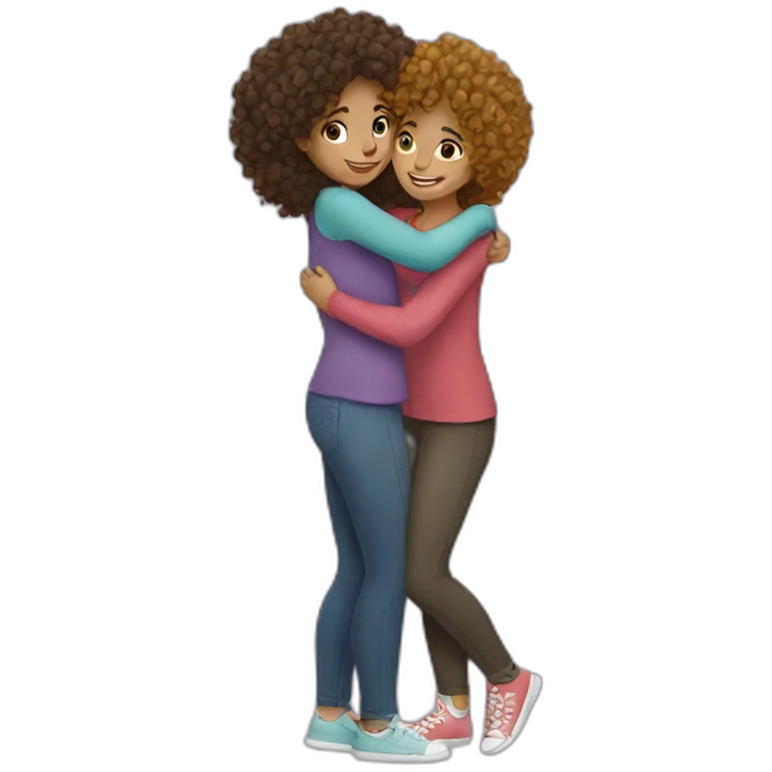 two friends girls with curly hair hugging emoji