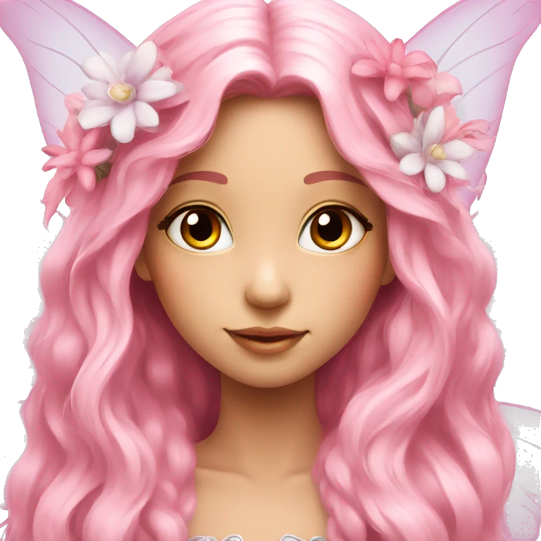 Beautiful, flower, fairy, pink, white, long hair, with pink wings emoji