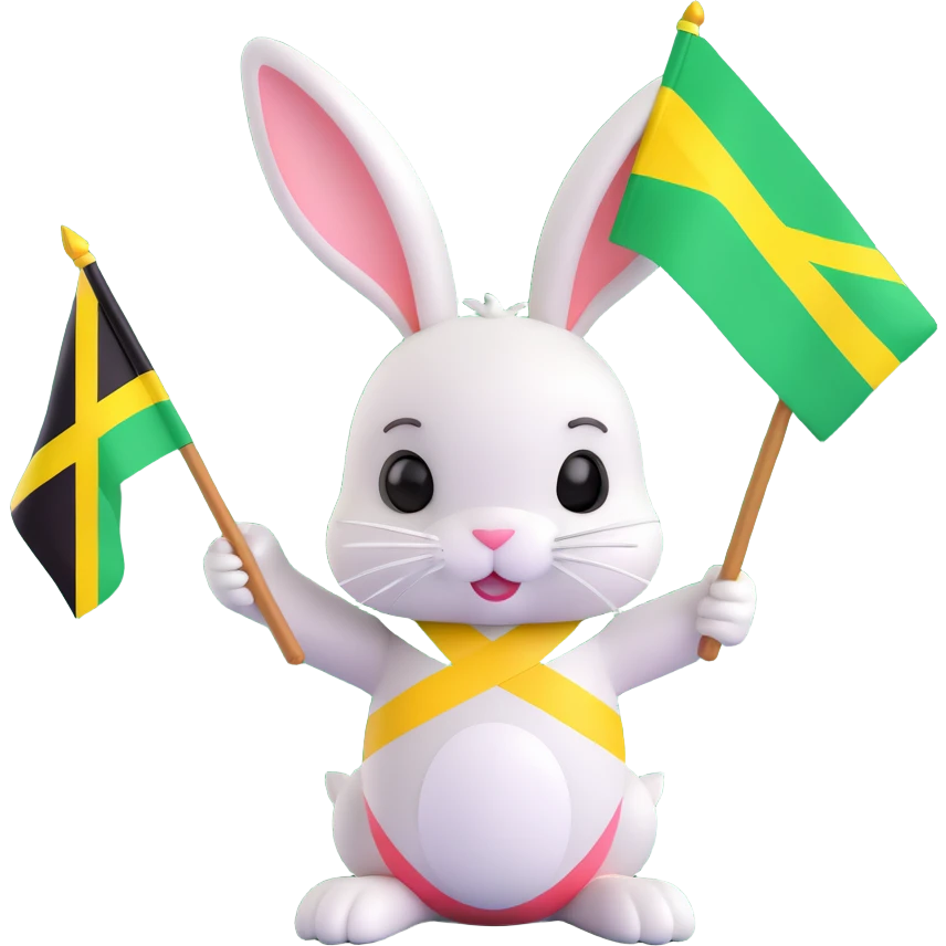 a cute bunny holding a Jamaican flag with a tropical background, cheerful expression emoji