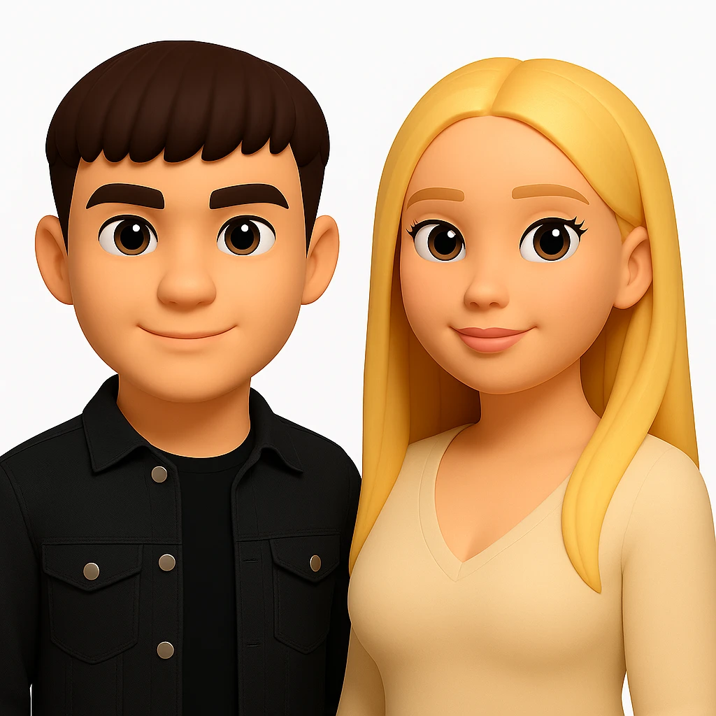 In the style of 3D Emoji, slightly increase the volume of the upper body of the girl, separate the two characters from each other, and make the skin color identical for both characters. Maintain the 3D Emoji style characteristics in the edit. emoji