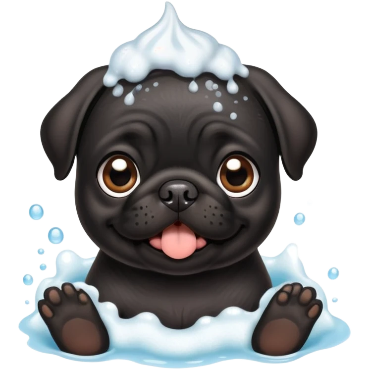 Happy adorable beautiful Black pug puppy with bath foam on top of his head emoji
