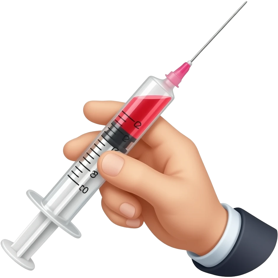 A dainty male hand holding a syringe with glowing neon-red liquid inside emoji