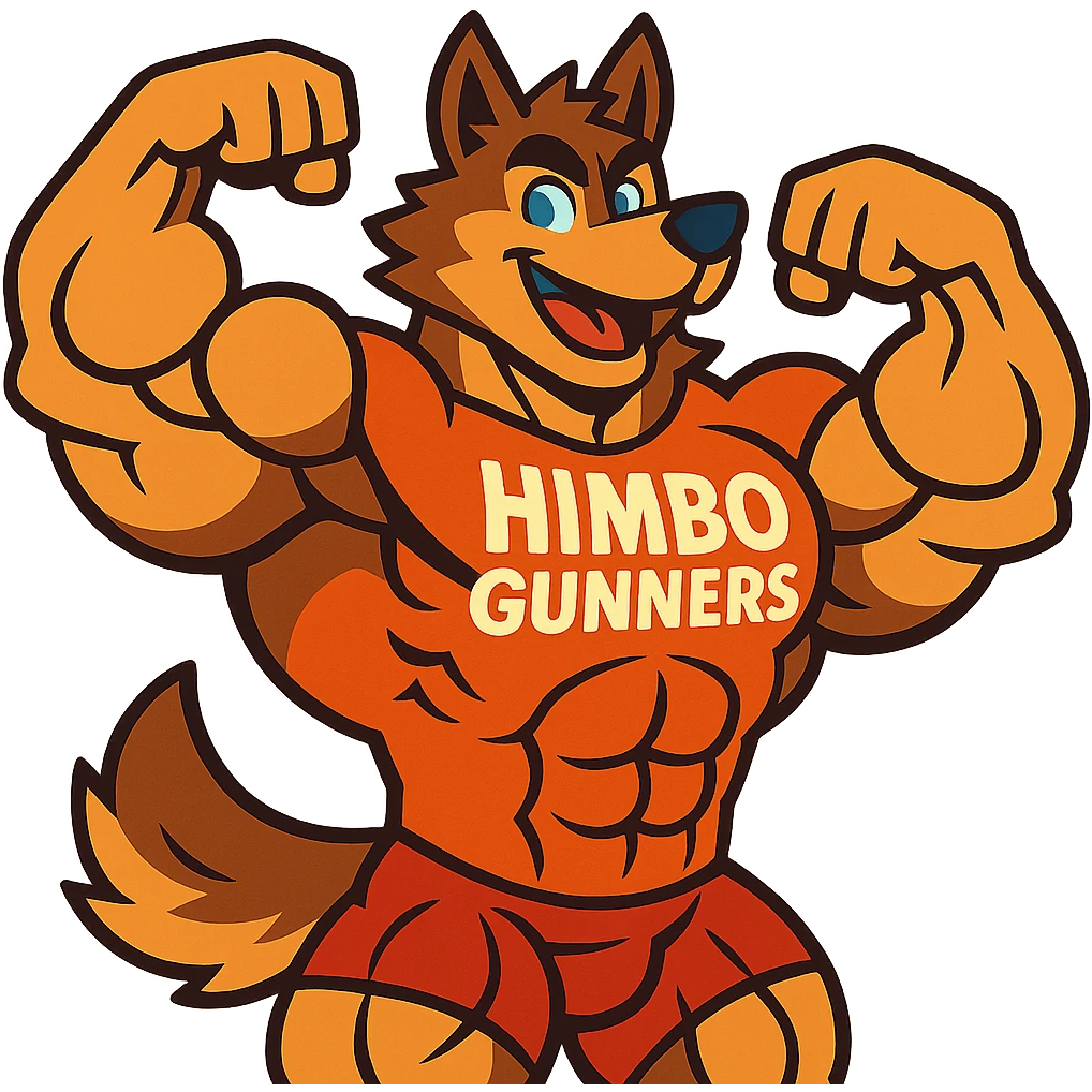 extremely muscular wolf furry with exaggerated muscles, wearing a t-shirt that says 'Himbo gunners', flexing pose emoji