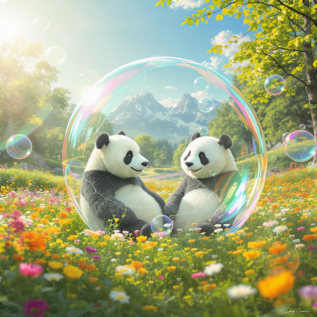 Cinematic still pandas bears sitting inside bubbles flying over field full of flowers, sunny summer day, happy vibe, minimalisic emoji
