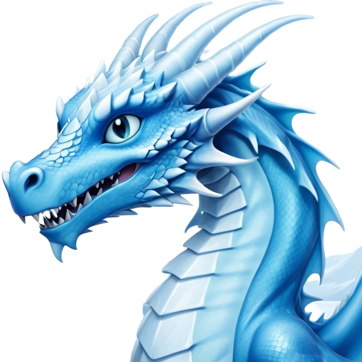 Cinematic Noble very elegant slender Ice Dragon Portrait Emoji, Poised and imposing, distinct long elegant snout, with a slender, scaled body shimmering in glacial hues of icy blue, frostbitten silver, and crystalline white, breathing out frost, with piercing, glowing ice blue white eyes that radiate the chilling depths of an arctic storm; rendered in detail. excuding wisdom emoji