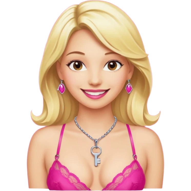 A regular key on a necklace on the neck of a blonde woman wearing hot pink lingerie emoji