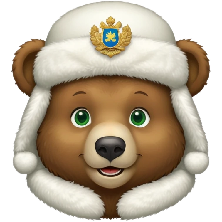 Extra cute smiling brown bear face with big green eyes, soft white fluffy ushanka hat with clear Russian Federation coat of arms emblem, iOS emoji style emoji