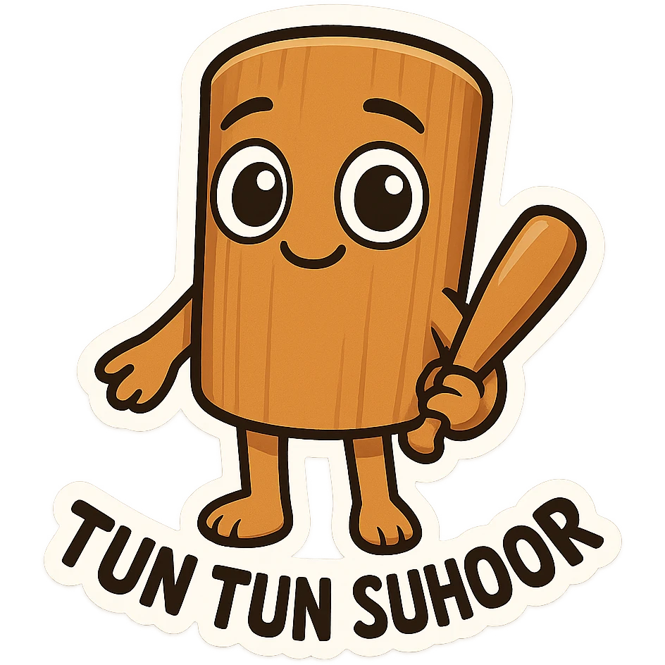 Chibi emoji of Tun Tun Suhoor, wooden stick body, smooth brown texture, big cartoon eyes on the stick, small smile, human arms and legs, holding a wooden bat, absurd and funny meme style, no text emoji