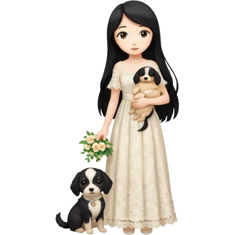 Pastel anime lady long hair with long lace dress full body holding puppy emoji