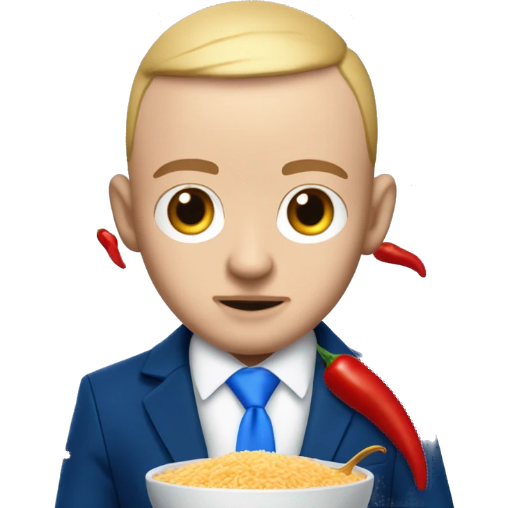 realism mac miller with a blonde comb over skin fade and blue eyes wearing a blue suit eating chilli with rice. normal colour skin emoji