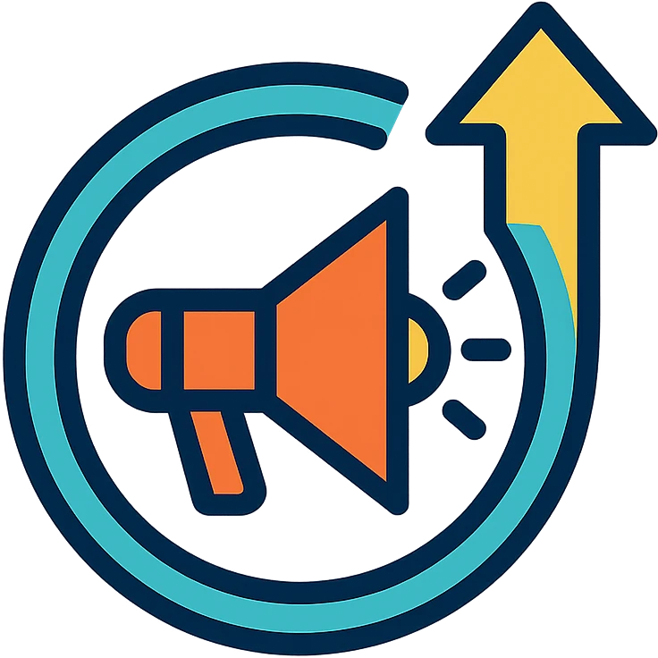 minimalist icon for advocacy consulting firm, rising arrow encircling megaphone, subtle gold navy blue accents, represents empowerment positive change emoji