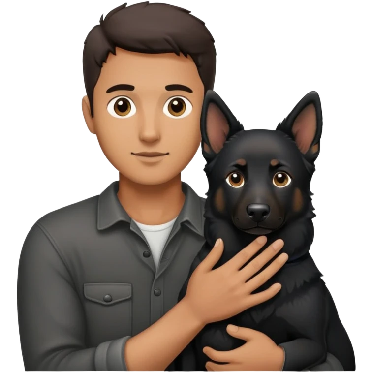 A man holds black shepherd dog on hands emoji