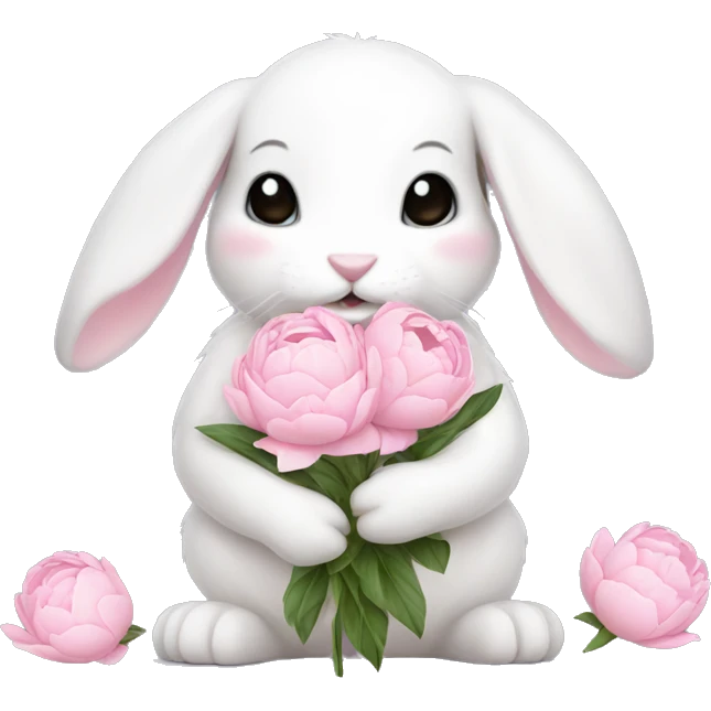 cute white bunny holding light pink peonies emoji