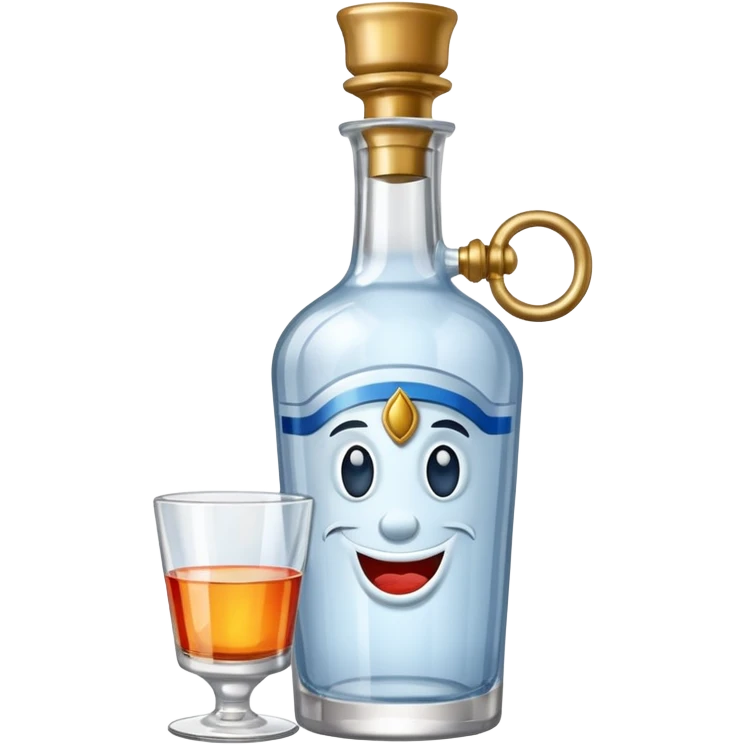 A bottle of vodka emoji with a handle, a window, and a knocker and a different color. emoji