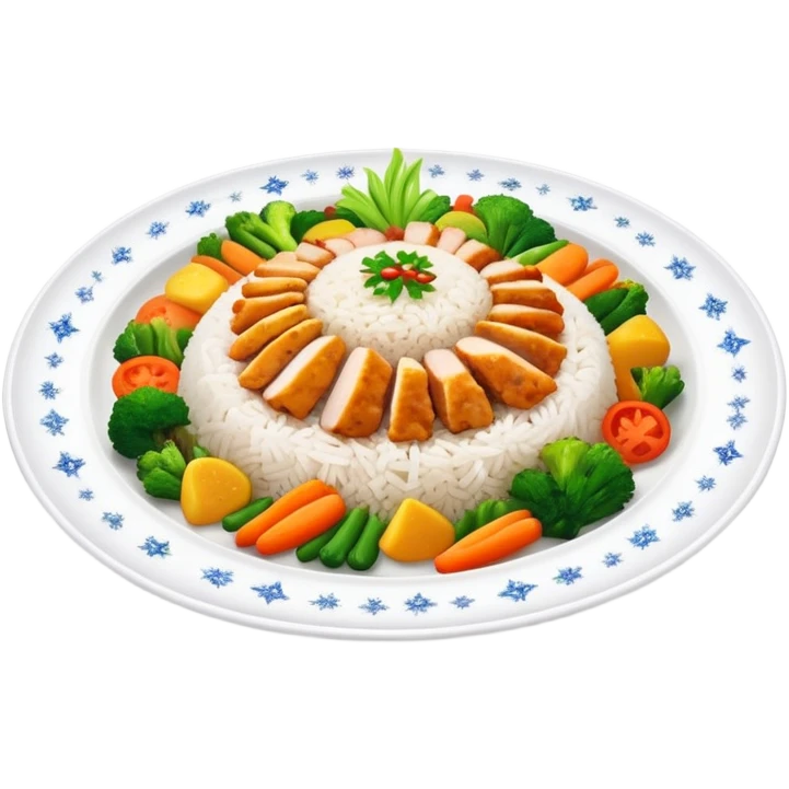 Magical floating plate with ethereal glowing rice, chicken pieces surrounded by sparkles, and enchanted Puerto Rican Boricua mix vegetables emoji