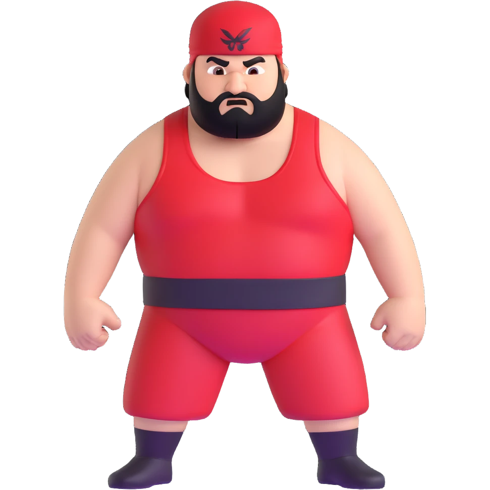 White skin fat guy with prominent black durag, short black beard, black eyes in a red and black wrestling singlet with angry face emoji