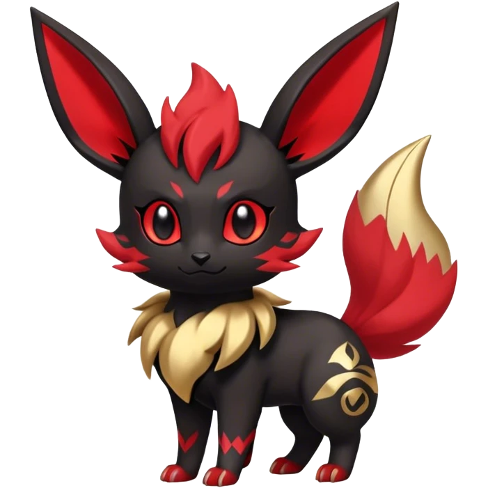 Cute cool black red animal Eeveelution-Fakemon-hybrid, full body, gold markings emoji
