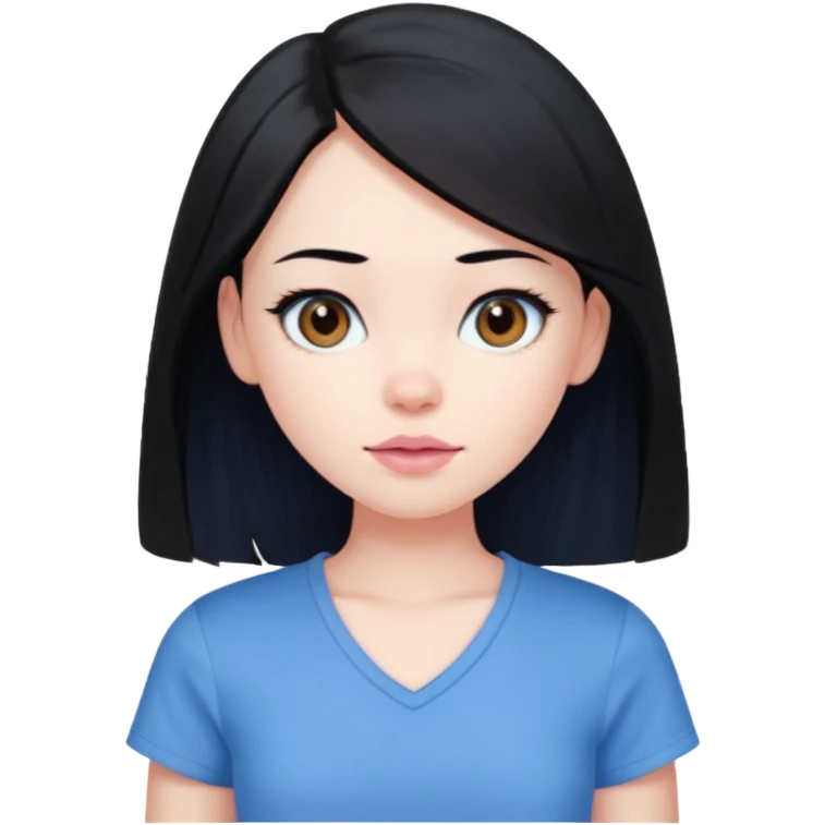 create an emoji of a young woman. She has a nice look, with mid-long black hair, brown eyes, pale skin, natural soft pink lips. she wears a blue short sleeve top with a v opening emoji