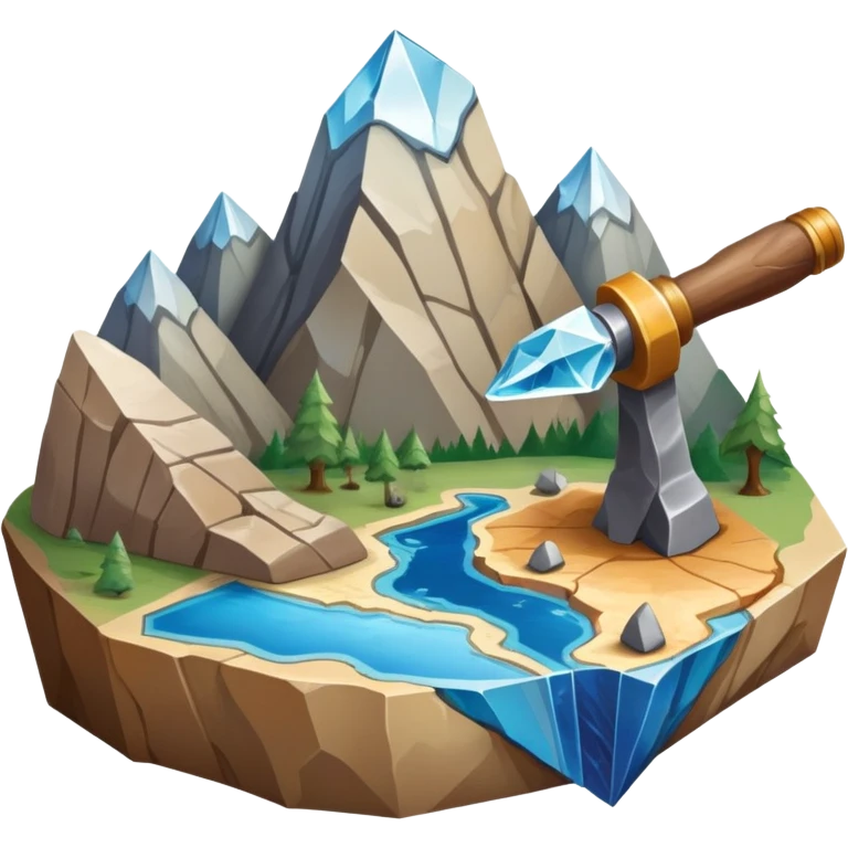 An icon featuring a rock hammer, a fossil, and a geological map, symbolizing geology. The design includes layers of the Earth, a crystal, and a mountain range, representing the study of Earth's structure, materials, and natural processes. Transparent background highlights geological research emoji