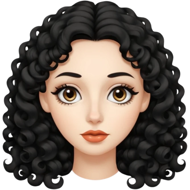 persona mujer con piel clara y rizos suaves color negro y largos  y sin volumen y con delineador en los ojos y con los labios medianos, ojos almendrados y nariz respringada y el fondo blanco emoji