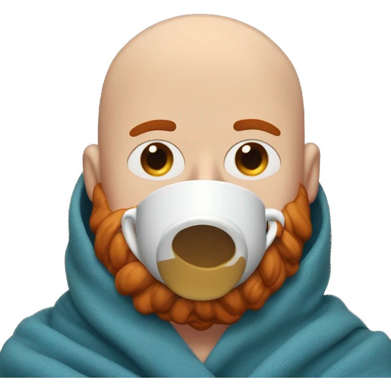 Bald man inside blue blanket with red beard and mustache with eyes closed sipping coffee emoji