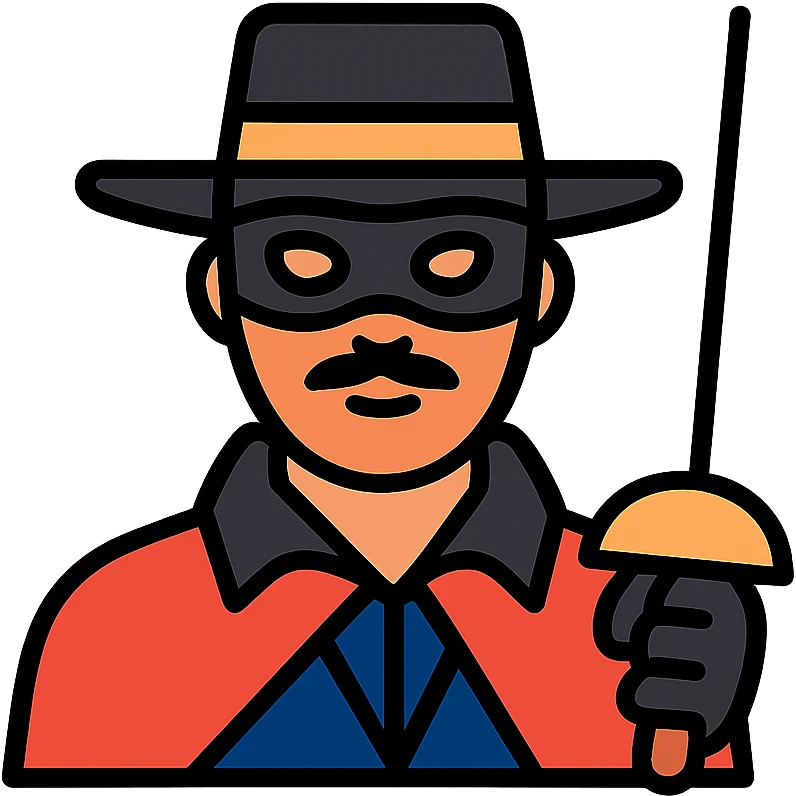 Zorro, iconic mask and hat, holding a rapier, bold color outline icon style emoji