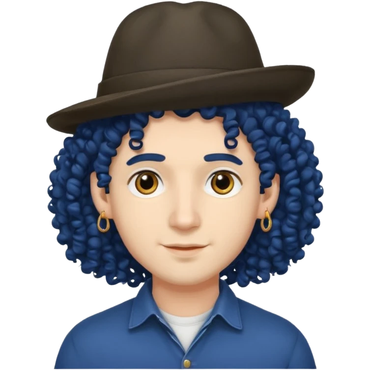 dark blue haired man curly hair and big earrings and and hat wearing emoji