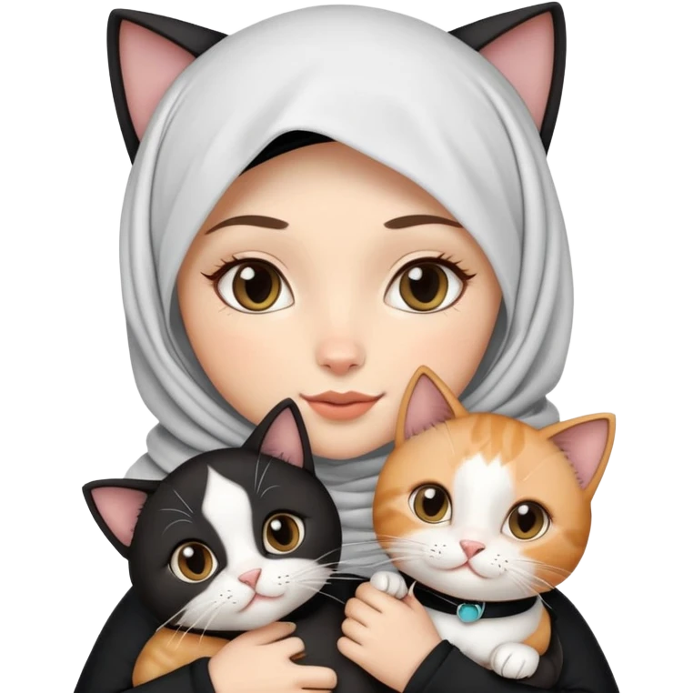 white girl with black eyes, braces and black hijab holding two cats, the first cat is tuxedo cats and the second one is calico emoji