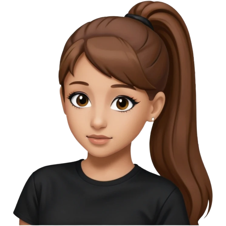 Ariana Grande high ponytaw with brown hair and with black thsirt and and eyeliner emoji