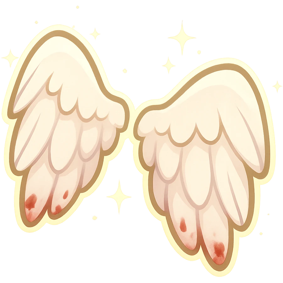 chibi-style delicate white feathered angel wings with soft pink and gold glow, tiny bloodstains on the tips, inspired by Juliet in Romeo + Juliet (1996), pastel lighting, vintage Catholic tragedy aesthetic, sparkles around it, discord emoji size emoji