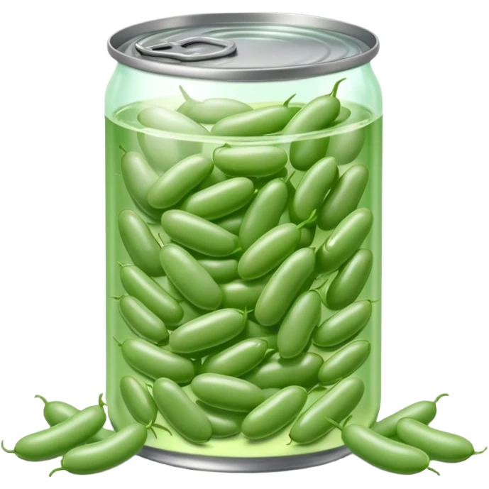 open metal can with pale green oval beans in clear liquid, no label or extras, soft lighting, subtle shadows, emoji scale emoji