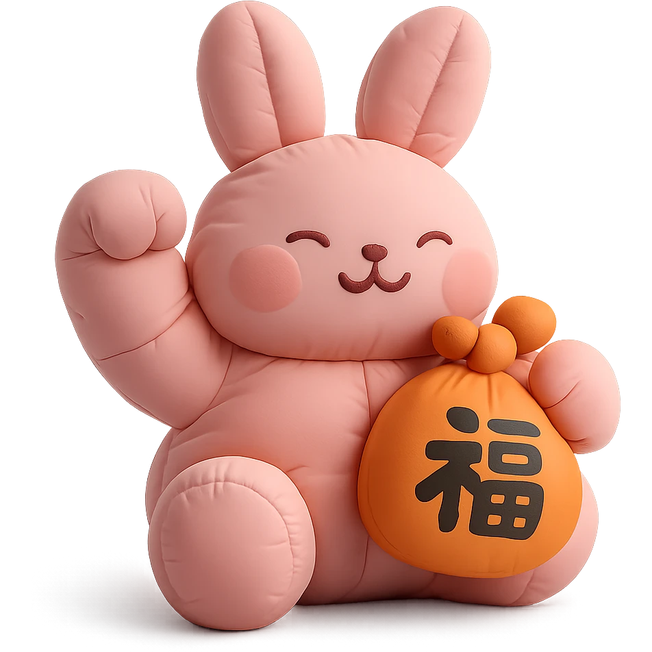 pink bunny holding lucky charm and pumping fist, cushion style emoji