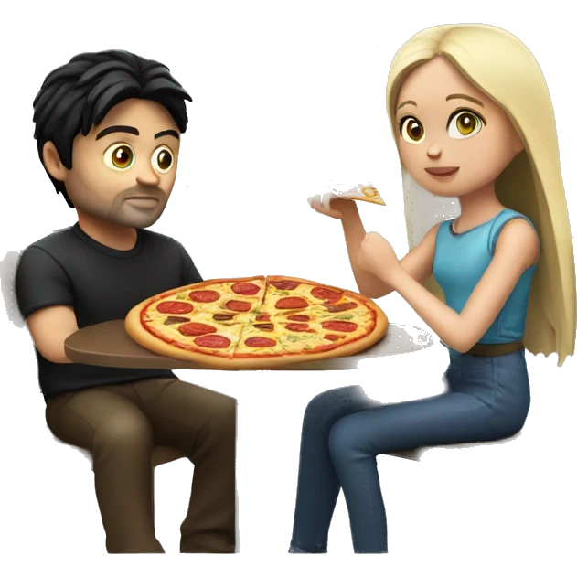 karl urban sitting at a table eating pizza with small white girl with black hair emoji