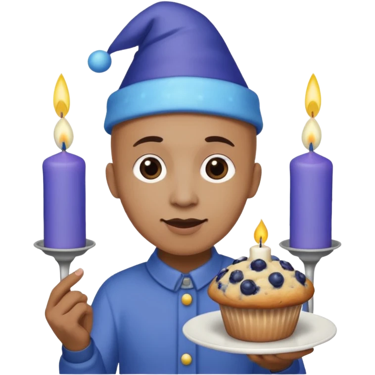 Blueberry Muffin celebrating birthday. Make sure it actually looks like a muffin with candles. Somebody holding it with party hat and bald emoji