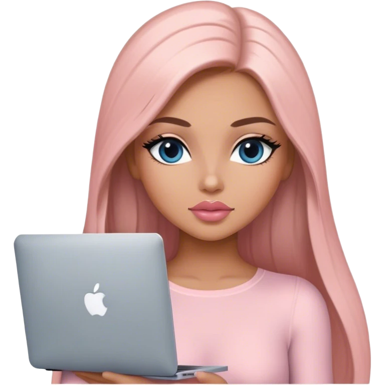 Glamours, tanned, very beautiful girl, with big pump peach-beige-rose lips, black straight smooth silky long hair, straight parting hair, blue-grey eyes, in light-pink bodysuit holding MacBook emoji