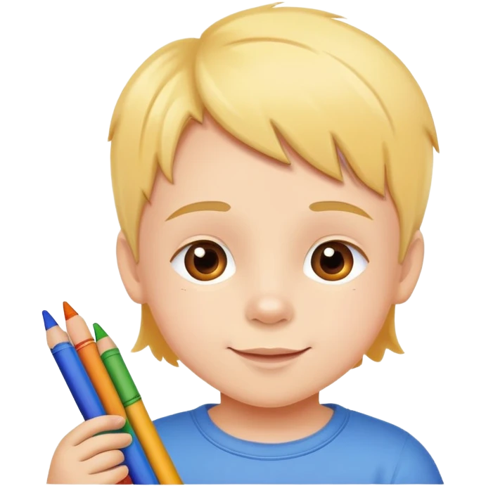 child drawing with crayons on paper, cheerful and creative emoji