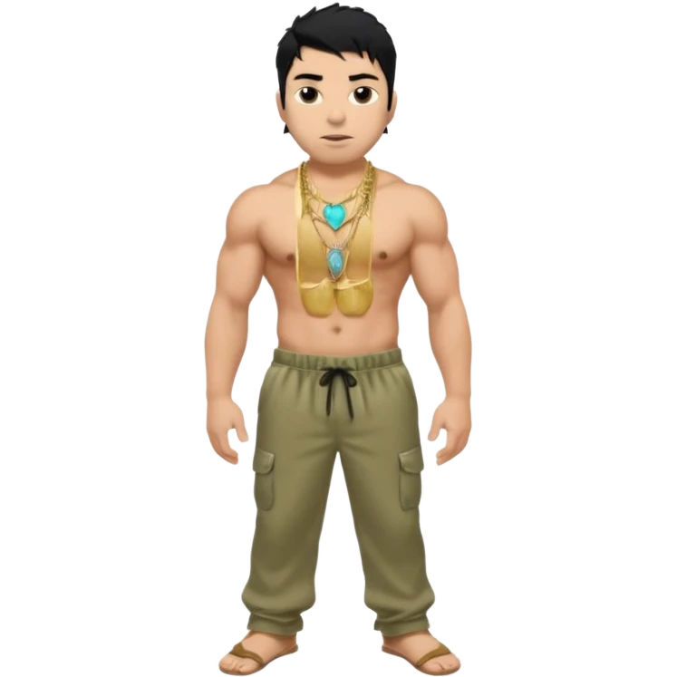 Chino Moreno with black hair, khaki satin baggy pants, shirtless with necklace emoji
