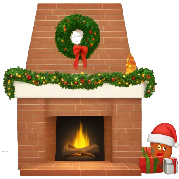 Brick Fireplace with wreath and Christmas lights and stockings emoji